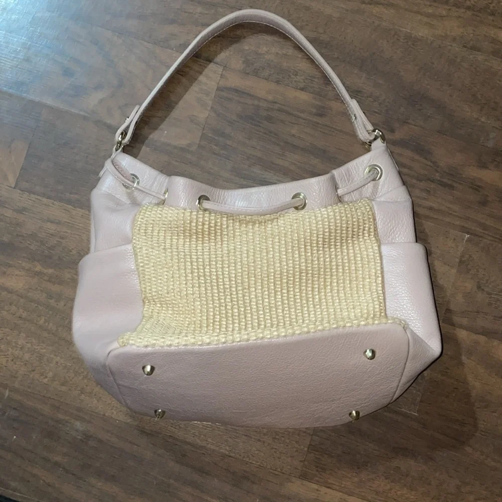 Unica Firenze Made In Italy Leather Raffia Panels Bucket Hobo Bag